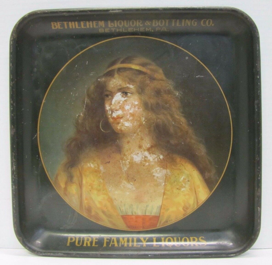 c1907 BETHLEHEM LIQUOR & BOTTLING Co 'GRISELDA' Antique Tin Litho Adv Tray Penna