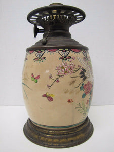 Antique Porcelain Lamp longwy ? e m duplex burner converted Ornate Birds Flowers