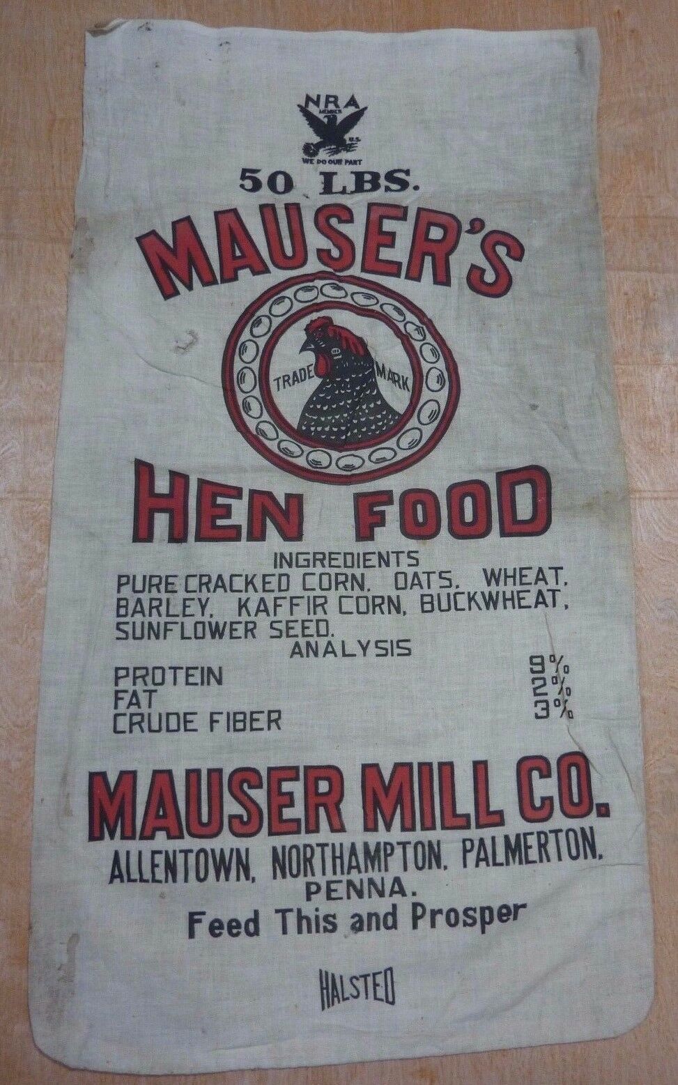 1930s MAUSER'S HEN FOOD Cloth Sack NRA Hen Graphics ALLENTOWN NORTHAMPTON