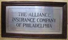 Load image into Gallery viewer, THE ALLIANCE INSURANCE CO OF PHILADELPHIA Antique Framed Sign GOODMAN Co NY USA
