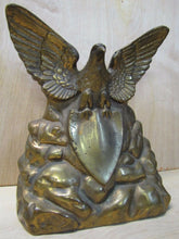 Load image into Gallery viewer, Old Brass Eagle Doorstop large heavy spread winged shield perched on rocks Art
