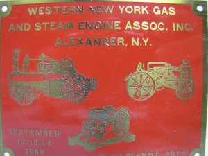 Vtg 1969 Western New York Gas and Steam Engine Assoc Show Plaque NY Sm Adv Sign