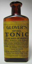 Load image into Gallery viewer, Orig 1920&#39;s Glover&#39;s Imperial Tonic Dog &amp; Horse Medicene Amber Bottle w Label NY
