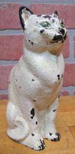CJO JUDD CAT Orig Old Cast Iron Doorstop Decorative Art Statue White Green Eyes