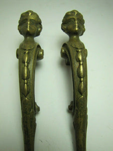 Antique Pair Figural Head Handle Pull Brass Architectural Hardware Elements