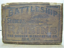 Load image into Gallery viewer, BATTLESHIP RAISINS Antique Wooden Crate Box fabulous design Hooven Merch Co NY
