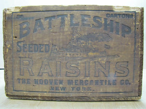 BATTLESHIP RAISINS Antique Wooden Crate Box fabulous design Hooven Merch Co NY