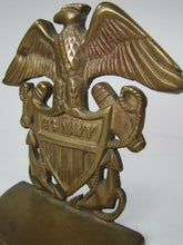 Load image into Gallery viewer, Old Brass US NAVY Spread Winged Eagle Shield Anchors Figural Doorstop Bookend
