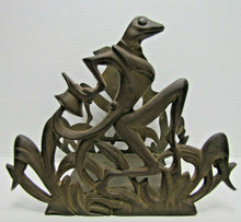 Load image into Gallery viewer, Fish Tank Bowl Holder Bracket Frame Old Cast Iron Art Deco Frogs Tophat Tuxedo
