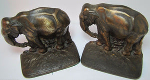Grazing Elephants Bookends Old Cast Iron Pair Bronze Wash High Relief Detailed