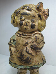Dolly Old Cast Iron Figural Young Girl & Doll Doorstop Decorative Art Statue