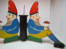 Load image into Gallery viewer, Antique Three Gnomes Christmas Tree Pole Stand hand painted metal wooden shoes
