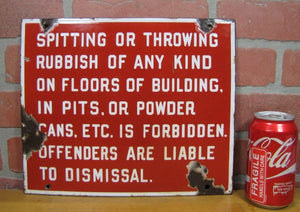 Orig Old Porcelain SPITTING OR THROWING RUBBISH FORBIDDEN Sign Industrial Shop