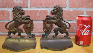 Antique Cast Iron LION Bookends Upright Crest Shield Decorative Art Statues