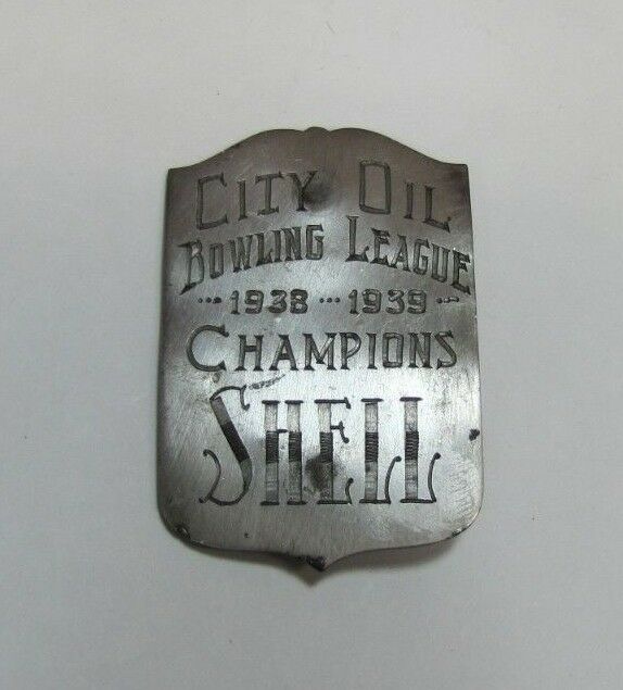 1930s CITY OIL BOWLING LEAGUE CHAMPIONS SHELL Badge Nameplate Sign Award Trophy