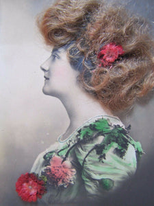 Antique Victorian Woman Postcard 'real hair flowers' old hand tinited color