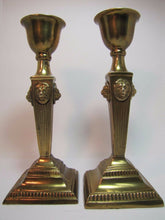 Load image into Gallery viewer, LIONS HEAD Brass Pair Decorative Arts Candlesticks Fluted 4 Sided Candle Holders
