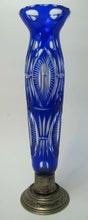 Load image into Gallery viewer, Cobalt Cut to Clear Old Vase Silver Plate Footed Base Lovely Slender Blue
