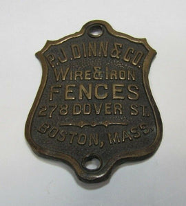 PJ DINN & Co WIRE & IRON FENCES BOSTON MASS Antique Bronze Brass Nameplate Sign