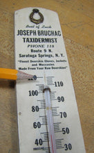 Load image into Gallery viewer, Old J BRUCHAC TAXIDERMIST Best of Luck Horseshoe Ad Sign Thermometer SARATOGA NY
