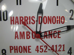 HARRIS DONOHO AMBULANCE Old Advertising Clock Bowed Glass EMT Rescue Ad Sign USA