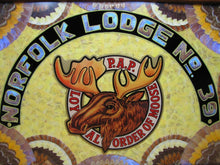 Load image into Gallery viewer, LOYAL ORDER OF MOOSE NORFOLK Old Folk Art Butterfly Wings Marquetry Plaque Sign
