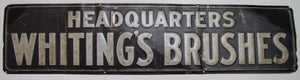 Antique HEADQUATERS WHITING'S BRUSHES Sign Embossed Tin Metal Hardware Store Ad