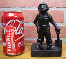 Load image into Gallery viewer, Old Cast Iron FOUNDRY WORKER COAL MINER Figural Doorstop Hat Goggles Shovel
