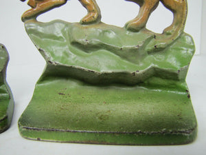 Old TIGER Prowling Crouching in Landscape Cast Iron Decorative Art Pair Bookends