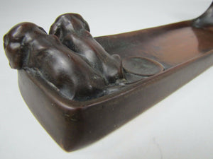 Antique Bronze Art Puppies Inkwell pair of detailed pups pen rest hinged lid