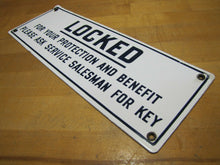 Load image into Gallery viewer, LOCKED FOR YOUR PROTECTION Old Porcelain Restroom Ad Sign ASK SERVICE FOR KEY
