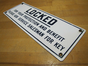 LOCKED FOR YOUR PROTECTION Old Porcelain Restroom Ad Sign ASK SERVICE FOR KEY