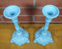 Load image into Gallery viewer, SERPENT SNAKE KOI DRAGON FISH Antique Pair Blue Milkglass Candlesticks Ornate
