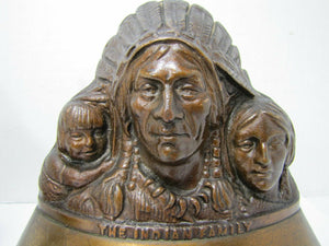 Indian Family Old Bookends Cast Brass Bronze Chief Squaw Child Decorative Arts