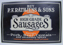 Load image into Gallery viewer, RATHJENS &amp; SONS SAUSAGES Old Ad Tin Sign PORK BEEF CEREAL SPICE AAW COSHOCTON O
