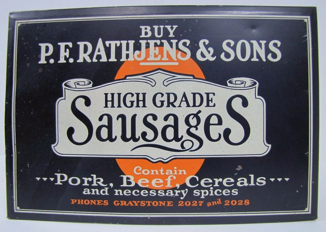 RATHJENS & SONS SAUSAGES Old Ad Tin Sign PORK BEEF CEREAL SPICE AAW COSHOCTON O