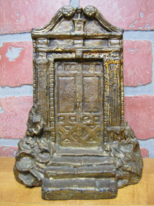 DOOR Antique Cast Iron Figural Doorstop Bookend Entrance Way Steps Landscape
