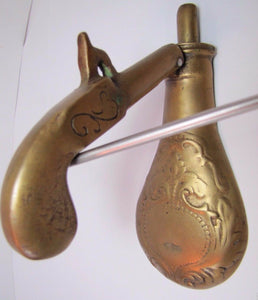 Old Cast Brass Pistol and Gun Powder Flask Door Knocker heavy solid unusual dsn