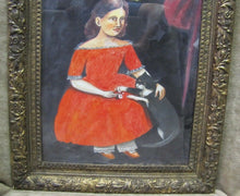 Load image into Gallery viewer, Girl in Red Dress with Black Cat Outsider Folk Art Watercolor Painting A. Romano
