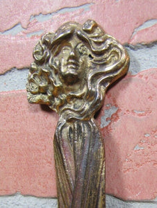 P Roche Old Brass Lovely Maidens Head Art Nouveau Decorative Art Letter Opener