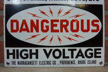 Load image into Gallery viewer, DANGEROUS HI VOLT NARRAGANSETT Elec Co PROVIDENCE RI Old Porcelain 2 Sided SignDANGEROUS HI VOLT NARRAGANSETT Elec Co PROVIDENCE RI Old Porcelain 2 Sided Sign

