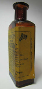 Orig 1920's Glover's Imperial Tonic Dog & Horse Medicene Amber Bottle w Label NY