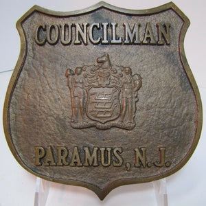 COUNCILMAN PARAMUS NJ Old Brass Plaque Embossed Badge Sign Ad New Jersey
