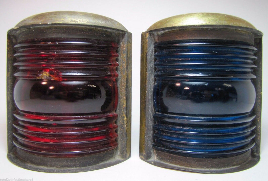 Old Pair Nautical Ships Lanterns Brass with Blue and Red Glass boat lamps lights