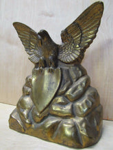 Load image into Gallery viewer, Old Brass Eagle Doorstop large heavy spread winged shield perched on rocks Art
