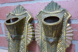 Antique Pair Brass Wall Sconce Light Covers ornate detail architectural hardware