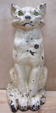 Load image into Gallery viewer, Antique Cast Iron Cat Doorstop Art orig old white painted surface green eyes
