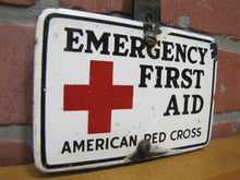 Load image into Gallery viewer, Old Porcelain AMERICAN RED CROSS EMERGENCY FIRST AID Sign Plate Topper Ad
