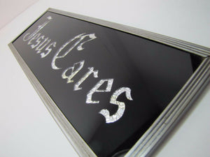JESUS CARES Sign Glass Front Foil Design Lettering Deco Tin Bevel Frame
