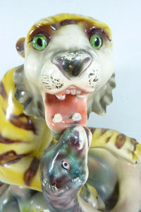 Vtg TIGER & SNAKE FIGHTING Large Decorative Art Pottery Statue Portugal
